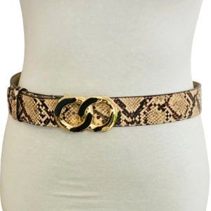 Faux Leather Snake Print Belt Womens Medium Infinity Buckle Gold Tone Brown Tan